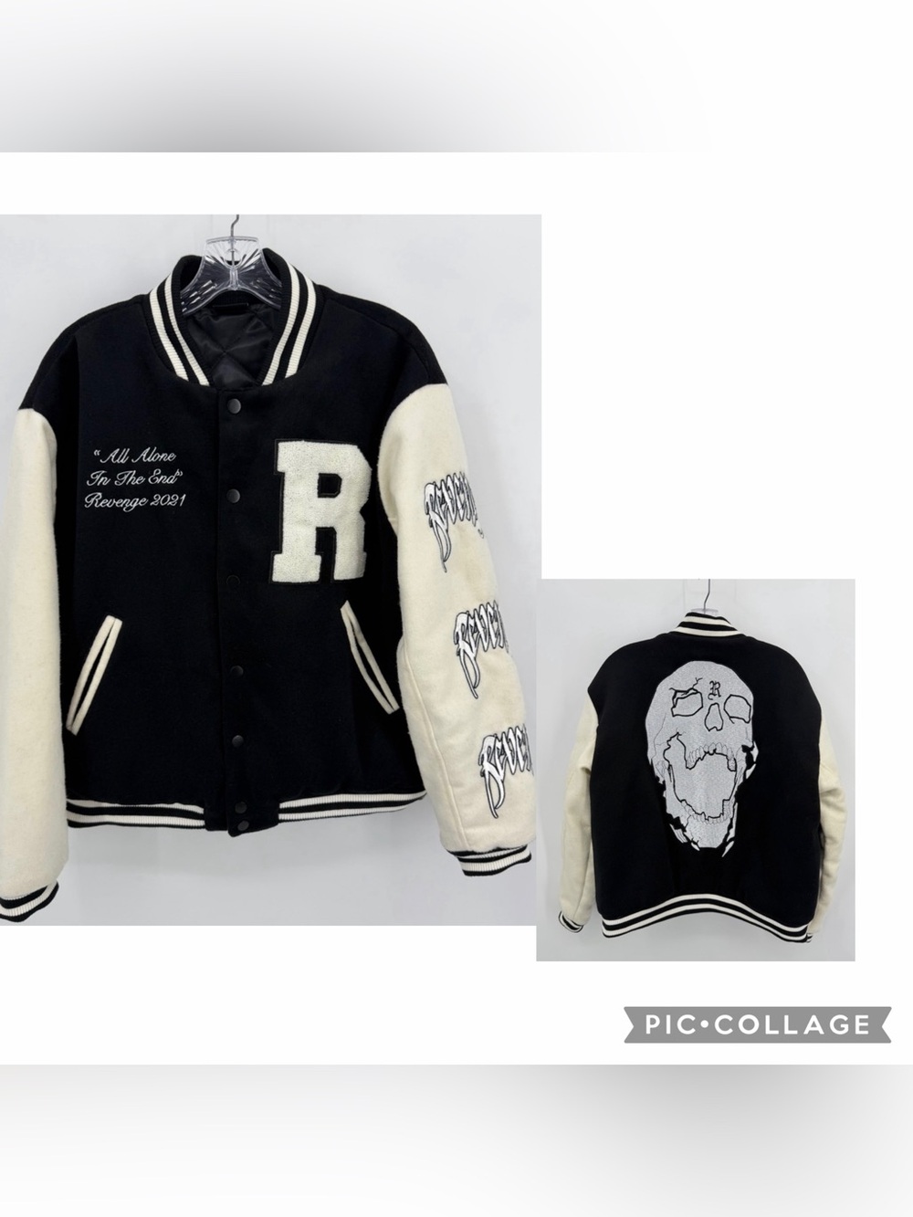 Revenge Varsity Bomber Skull Jacket Wool Black White Size M
